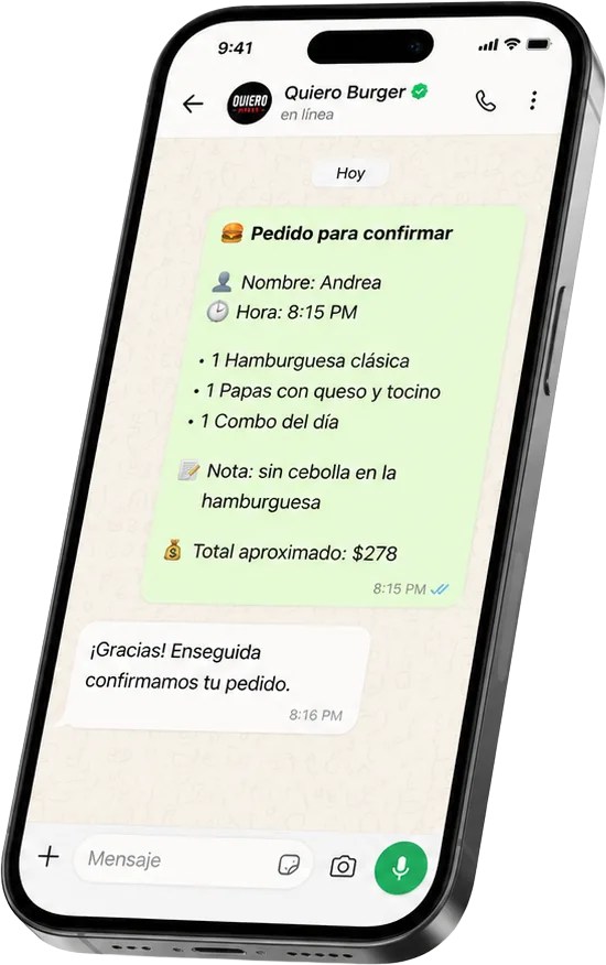 Mockup de pedido ordenado en WhatsApp